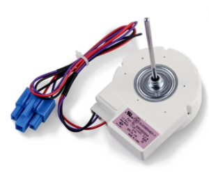 Haier 0064000944 fridge fan motor with original label and blue connectors on white background