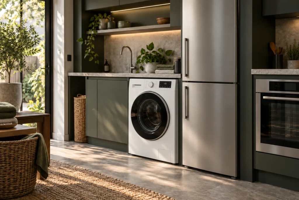 Modern kitchen with a washing machine, fridge-freezer and oven